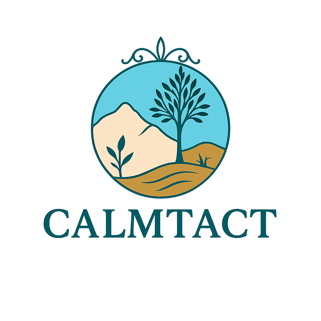 CALMTACT logo met boom, heuvels en natuurlijke elementen voor zachte huid- en haarverzorging
